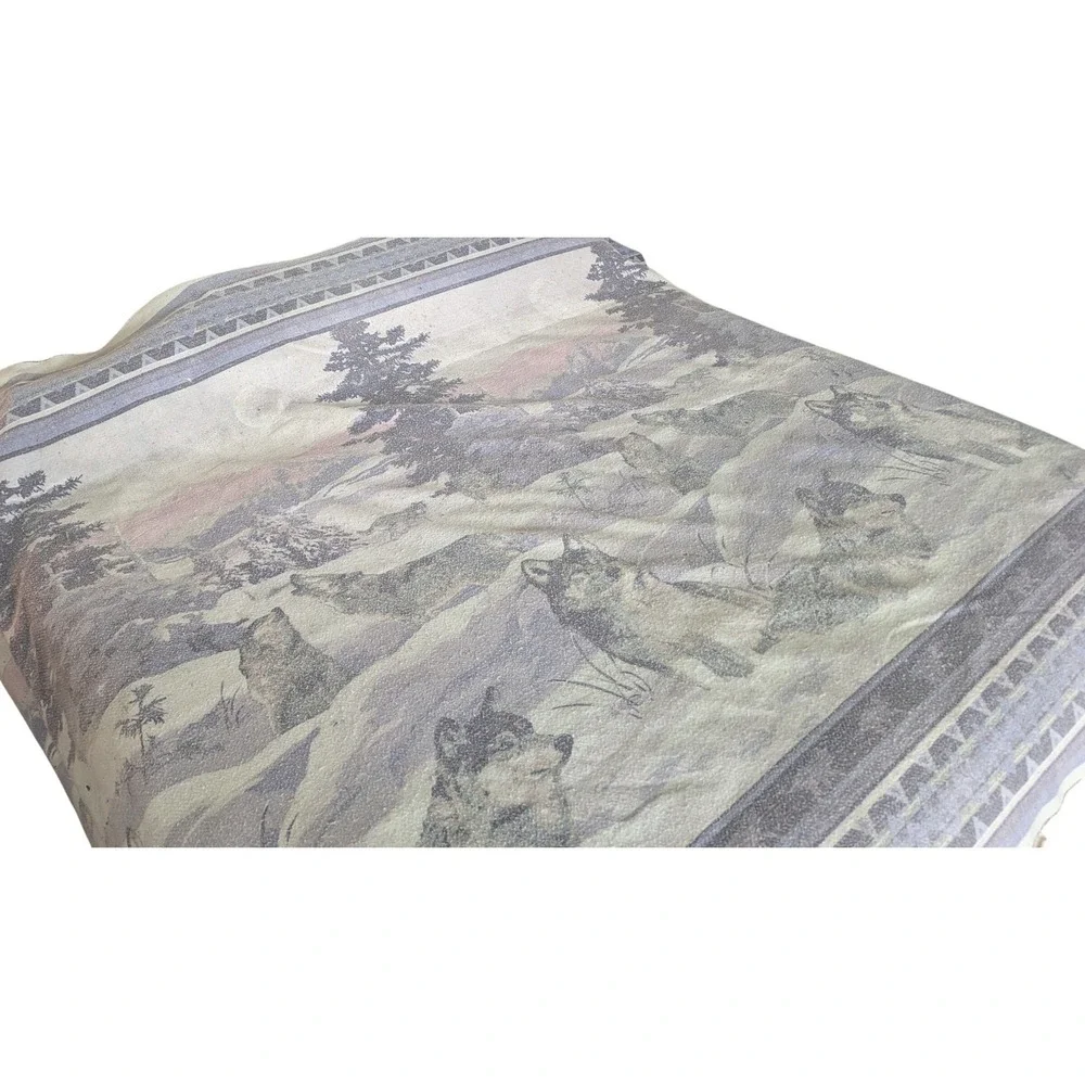 Vintage 90s Wolf Pack Blanket Blue Grey Mountain‎ Scene Made in USA